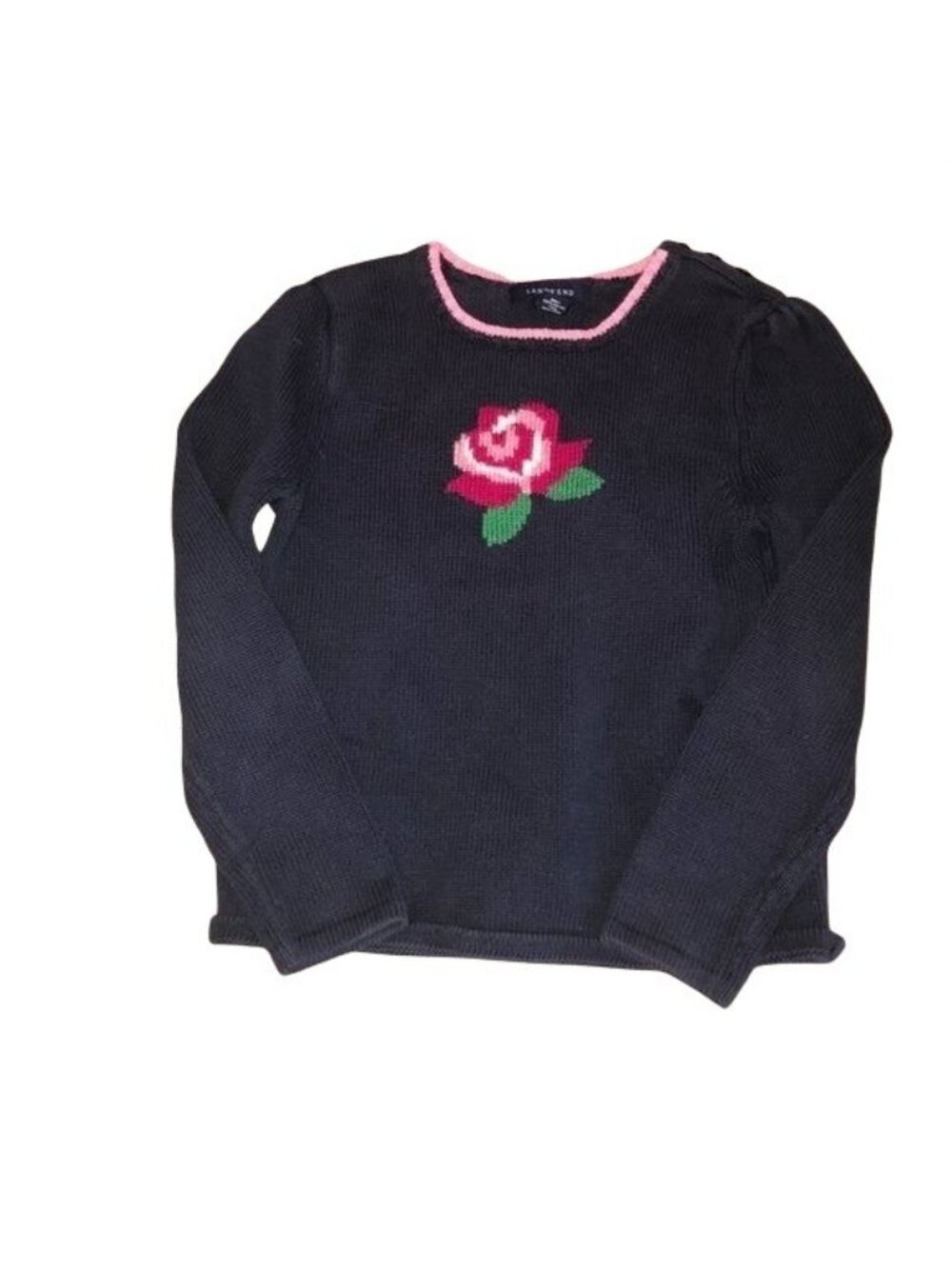 Lands End Girls Rose Sweater S 7-8 Navy & Pink Cotton Wool Blend